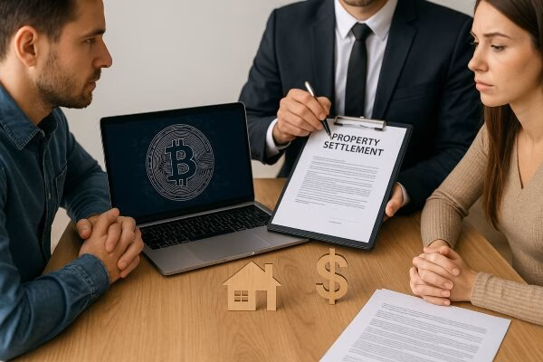 an ex-couple talking with a family lawyer holding a property settlement document